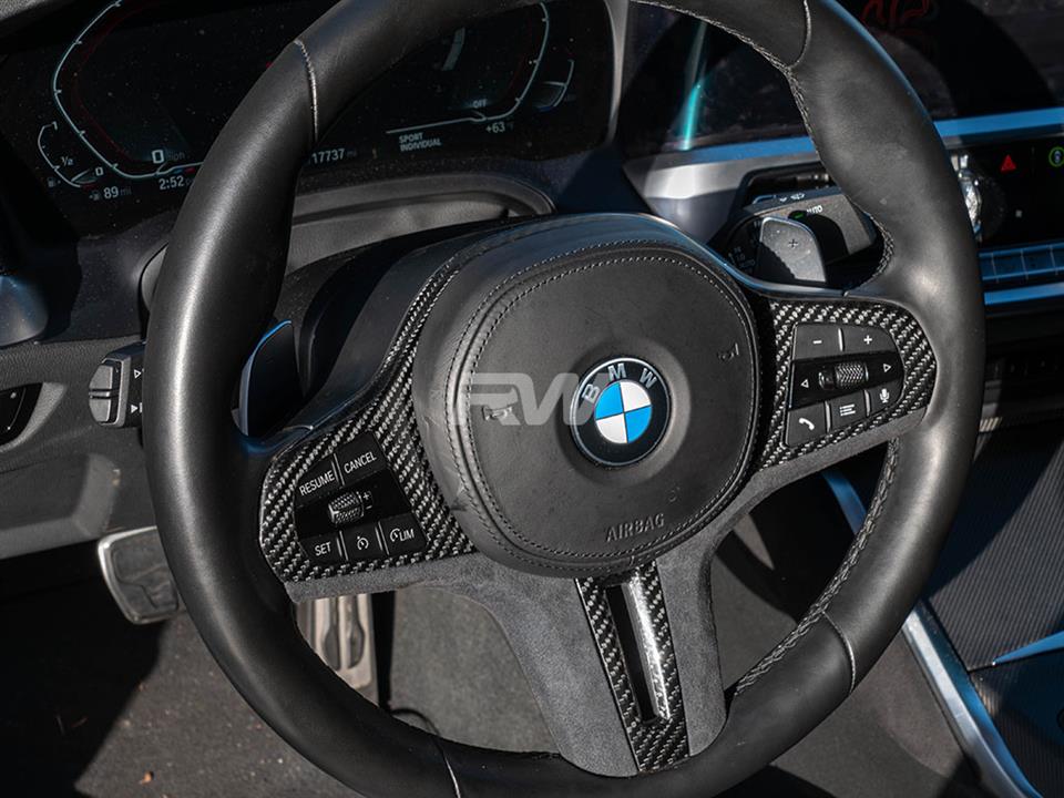Alternative view of RW Carbon BMW G20 Carbon Fiber Alcantara Steering Wheel Trim