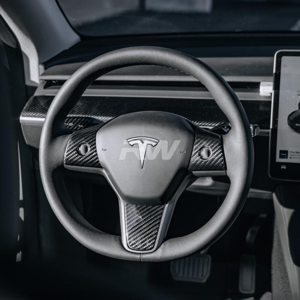 Alternative view of RW Carbon Tesla Model 3 / Y Carbon Fiber Steering Wheel Trim