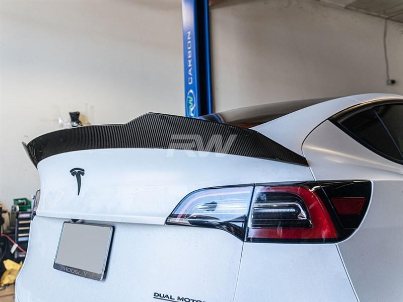 Alternative view of RW Carbon Tesla Model Y DTM Carbon Fiber Trunk Spoiler